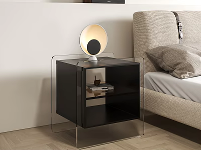 Modern Black Nightstand with Transparent Frame and Round Table Lamp Beside Bed 3d model