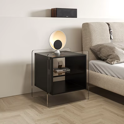 Modern Black Nightstand with Transparent Frame and Round Table Lamp Beside Bed 3d model