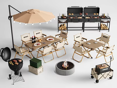 Outdoor Dining Table With Foldable Chairs Patio Umbrella Grill And Fire Pit For Backyard BBQ Party 3d model