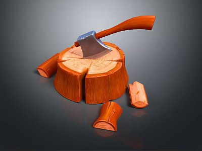 Wooden Stump Chopping Scene with Axe and Chopped Wood Pieces 3d model