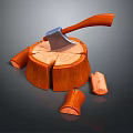 Wooden Stump Chopping Scene with Axe and Chopped Wood Pieces