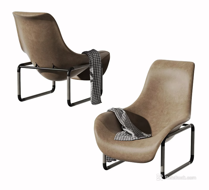 Stylish Brown Leather Leisure Chair With Black Metal Frame And Plaid Blanket 3d model 