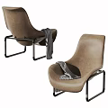 Stylish Brown Leather Leisure Chair With Black Metal Frame And Plaid Blanket