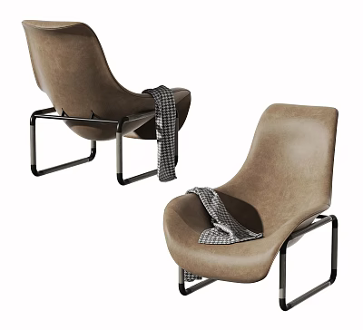 Stylish Brown Leather Leisure Chair With Black Metal Frame And Plaid Blanket 3d model