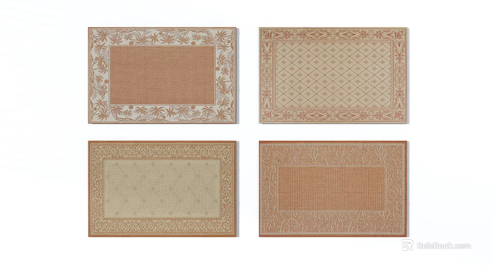 Square Rugs With Geometric Patterns Floral Borders And Neutral Tones 3d model