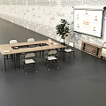 Rectangular Wooden Table With Multiple Chairs Green Plant And Projection Screen In Meeting Room