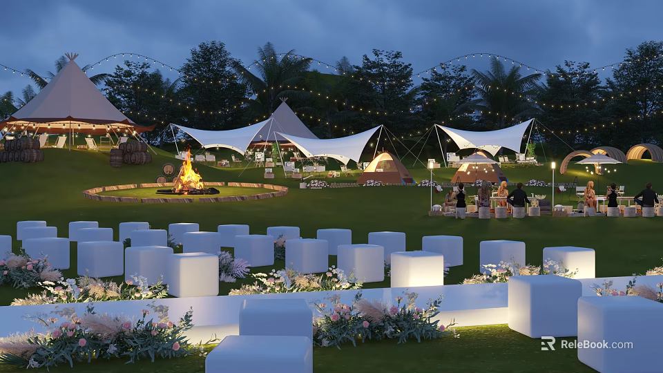 Outdoor Evening Garden Landscape With White Tents Green Lawn White Seats Bonfire And Trees 3d model 