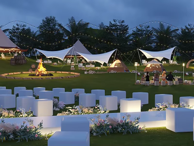 Outdoor Evening Garden Landscape With White Tents Green Lawn White Seats Bonfire And Trees 3d model