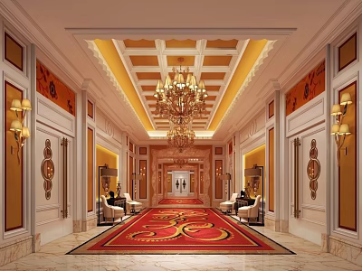 Luxurious Hotel Corridor Interior With Grand Chandelier Red Carpet And Wall Decor 3d model