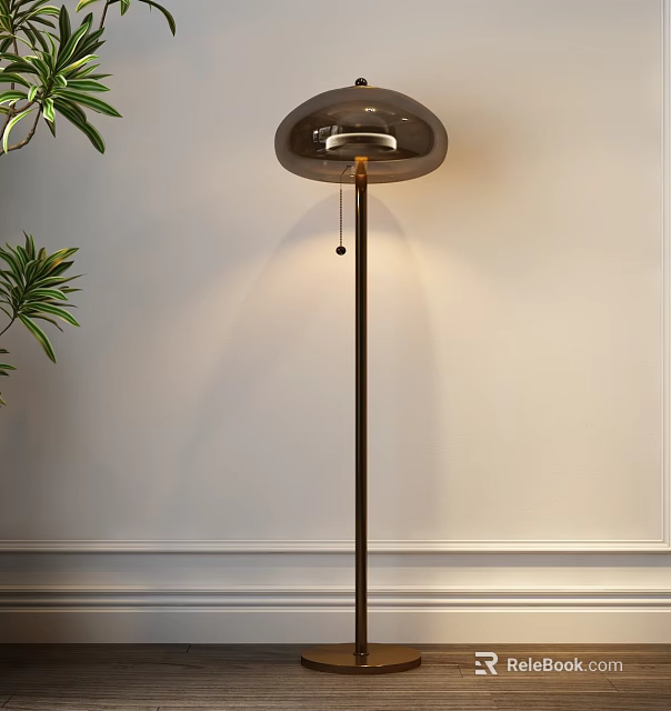 Modern Floor Lamp With Metal Stand Round Shade And Green Plant By White Wainscoting Wall 3d model 