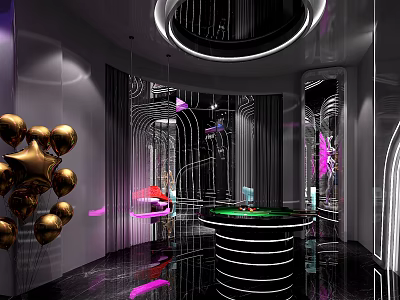Modern Bar Leisure Entertainment Area Round Billiard Table Cyber Celebrity Glow Swing Balloon 3d model