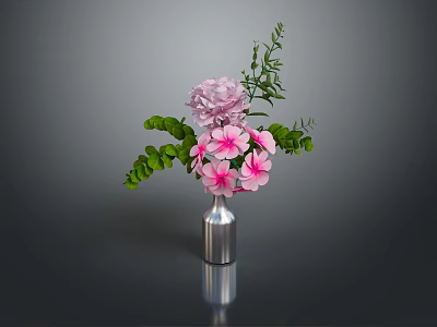 Beautiful Flower Arrangement With Pink Blooms Green Leaves In Silver Vase 3d model