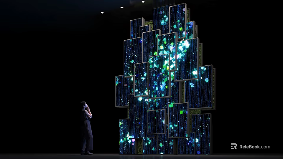 Viewer Observing Interactive Light Installation With Colorful LED Lights On Multiple Screens 3d model 