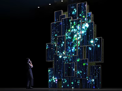Viewer Observing Interactive Light Installation With Colorful LED Lights On Multiple Screens 3d model