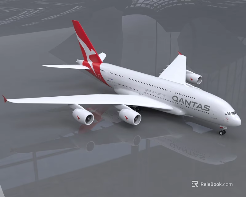 SANTAS White Passenger Plane With Red Tail Design And Four Engines Parked On Reflective Surface 3d model 