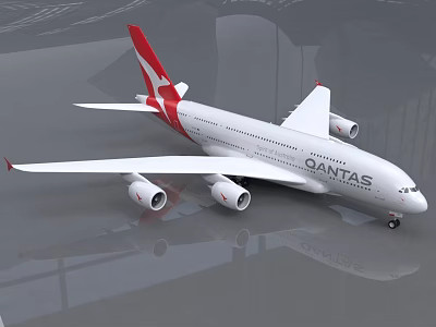 SANTAS White Passenger Plane With Red Tail Design And Four Engines Parked On Reflective Surface 3d model