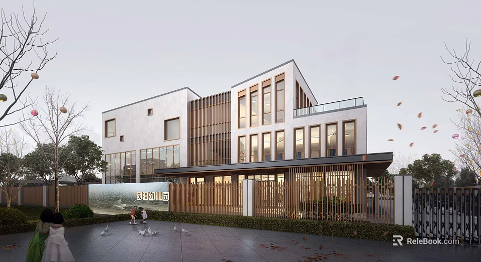 Modern Kindergarten Building With Large Windows Wooden Fence And Outdoor Area 3d model 