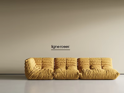 Ligne Roset Yellow Velvet Pleated Sectional Sofa In Modern Minimalist Light Wall And Gray Floor 3d model