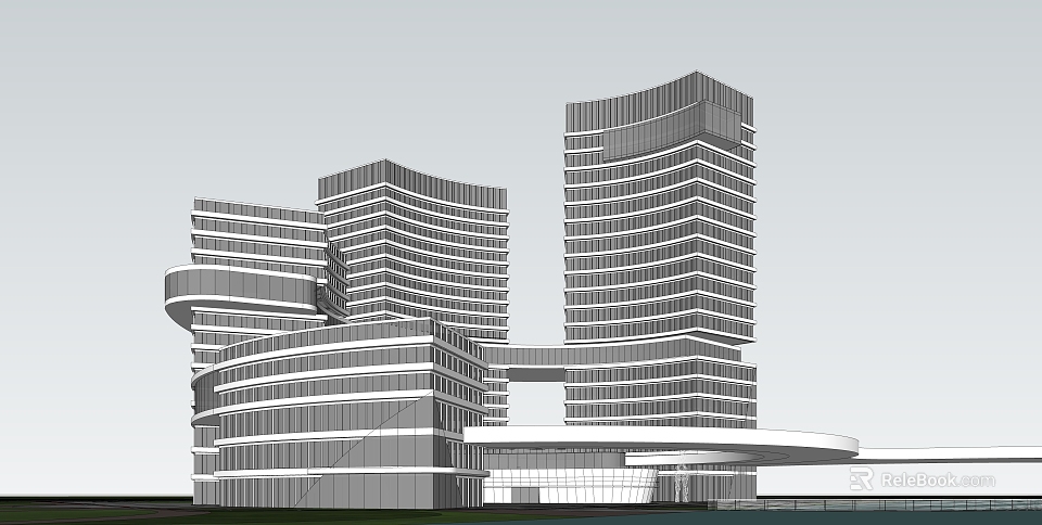 Modern Streamlined Office Building Featuring Glass Curtain Wall And Multi storey Design 3d model 