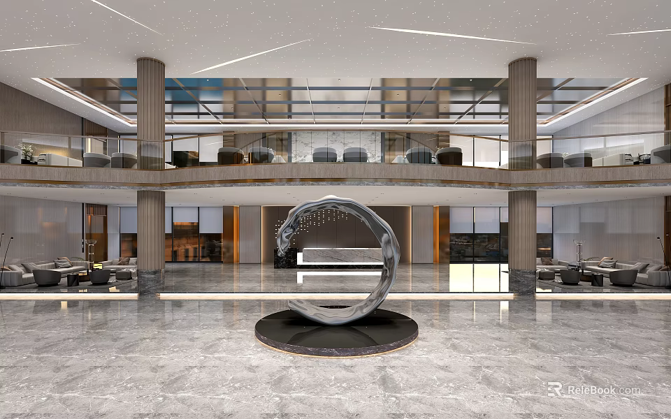 Modern Hotel Lobby With Large Circular Sculpture Marble Floor And High Ceiling Design 3d model 