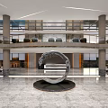 Modern Hotel Lobby With Large Circular Sculpture Marble Floor And High Ceiling Design