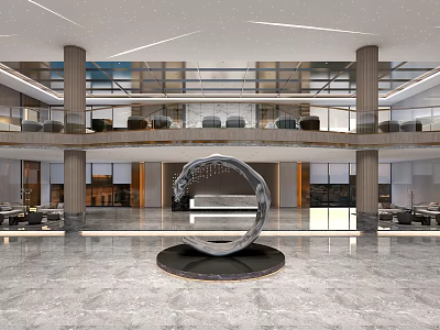Modern Hotel Lobby With Large Circular Sculpture Marble Floor And High Ceiling Design 3d model