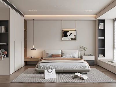 Modern Minimalist Bedroom Interior With Bed Wardrobe Wall Art Nightstand Green Plant And Books 3d model