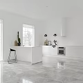 Minimalist White Kitchen Interior With Island Counter White Cabinets And Black Stools