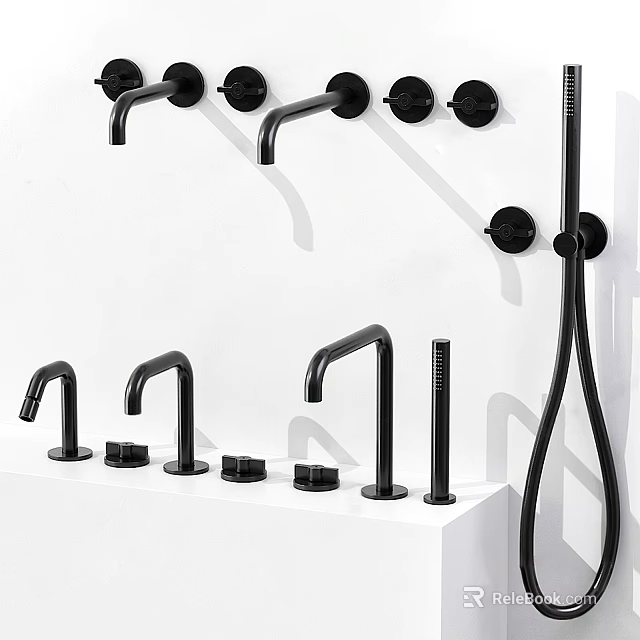 Modern Black Faucets in Various Styles Showcased on White Display Stand 3d model 