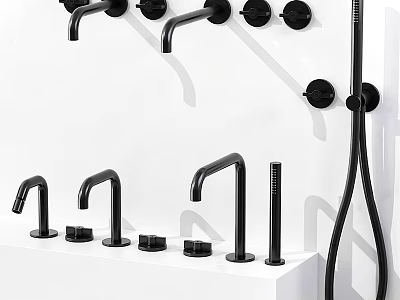 Modern Black Faucets in Various Styles Showcased on White Display Stand 3d model
