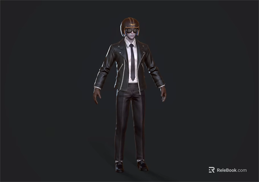 Game Movie Character In Black Striped Suit With Helmet And Tie Formal Attire 3d model 