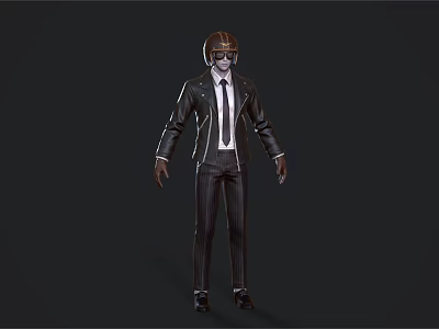Game Movie Character In Black Striped Suit With Helmet And Tie Formal Attire 3d model