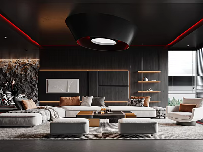 Modern Living Room Interior With Black Ceiling Red Lines Sofa Cushions Coffee Table Shelves Blinds 3d model