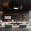 Modern Living Room Interior With Black Ceiling Red Lines Sofa Cushions Coffee Table Shelves Blinds