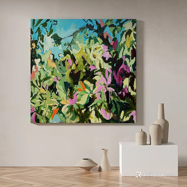 Vibrant Abstract Painting With Floral Elements For Modern Interior Wall Decor 3d model 