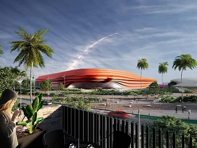 Modern Red Building Surrounded By Palm Trees With Outdoor Balcony And Blue Sky View 3d model