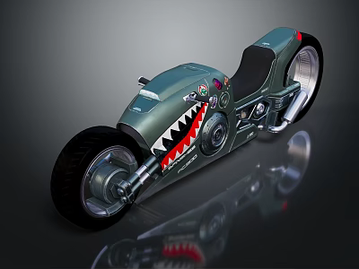Custom Green Motorcycle With Shark Mouth Design Black Seat And Metallic Body 3d model