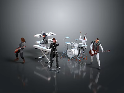 Five Piece Band Model Toys with Musical Instruments and Gray Reflective Surface 3d model
