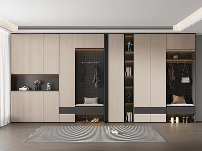 Modern Shoe Cabinet Interior Design With Storage Cabinets Bench And Decorations 3d model