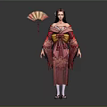 Japanese Female Character In Traditional Kimono With Folding Fan And Floral Patterns