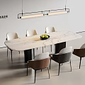 Modern Long Dining Table And Multi Colored Chairs With Marble Top And Hanging Light 3d model