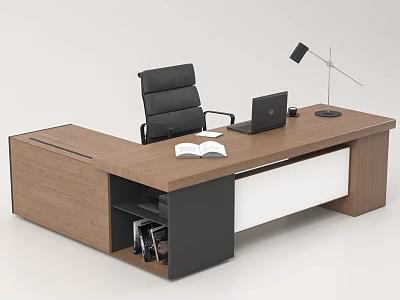 Brown Wooden Office Desk With Black Chair Laptop Table Lamp And Open Book 3d model