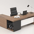 Brown Wooden Office Desk With Black Chair Laptop Table Lamp And Open Book