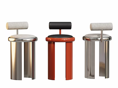 Modern Bar Stools with Metal Legs Silver and Red Color Padded Seats and Backrests 3d model