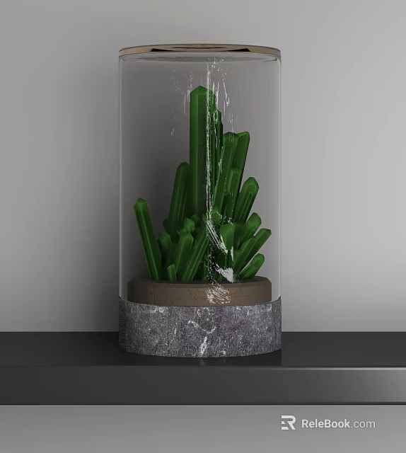 Elegant Decorative Ornament Set With Transparent Glass Cover Green Crystal And Gray Marble Base 3d model 