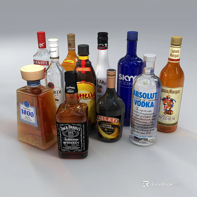 Assorted Liquor Bottles and Glasses with Different Brands and Colors 3d model 