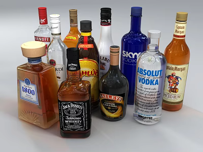 Assorted Liquor Bottles and Glasses with Different Brands and Colors 3d model