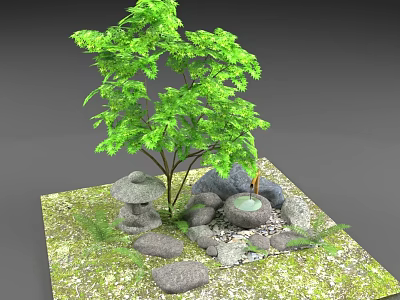 Japanese Garden Scene With Green Tree Stacked Stones Moss And Water Basin 3d model