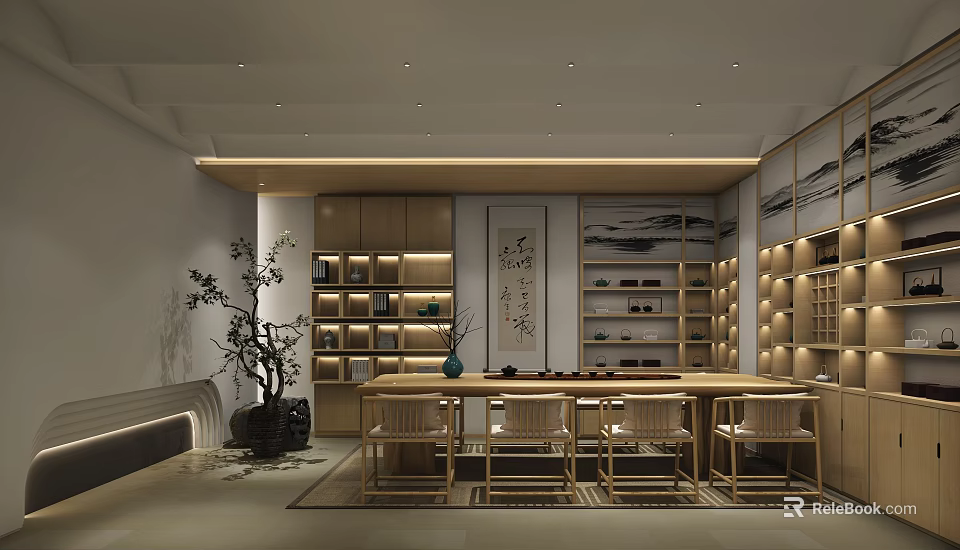 Traditional Chinese Teahouse Interior With Wooden Shelves Calligraphy Green Plant And Table Chairs 3d model 