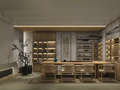 Traditional Chinese Teahouse Interior With Wooden Shelves Calligraphy Green Plant And Table Chairs 3d model